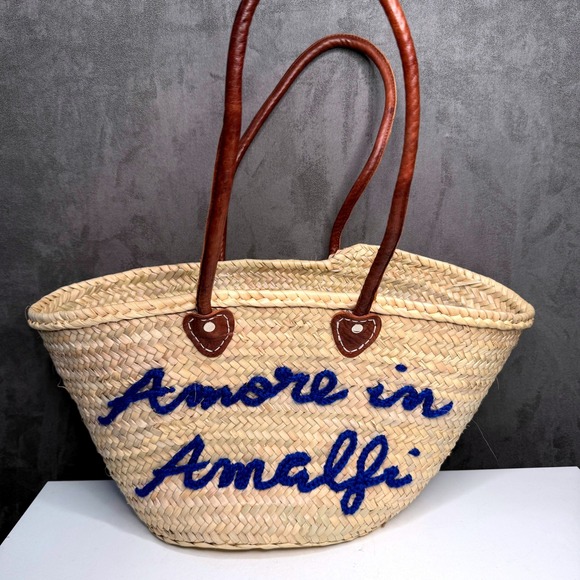 Poolside Handbags - Poolside Tote Straw Bag Womens Leather Long Handle Amore in Amalfi Embroidered